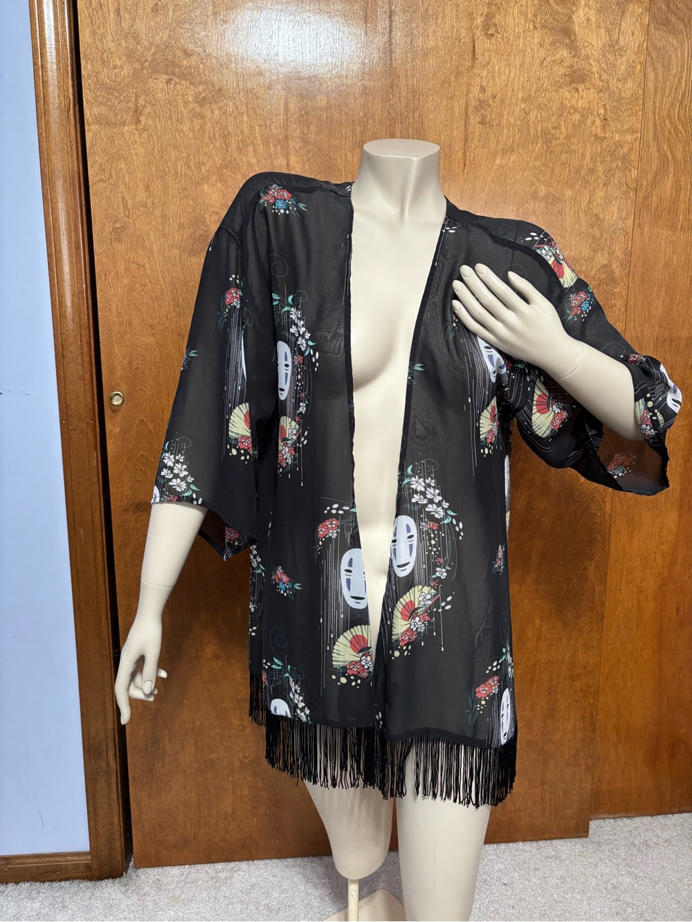 Spirited away Black Floral & Mask Kimono Jacket with Fringe